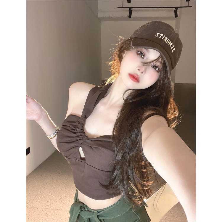 Áo Tank Top Trễ Vai Thiết Kế Xếp Ly Phong Cách Vintage