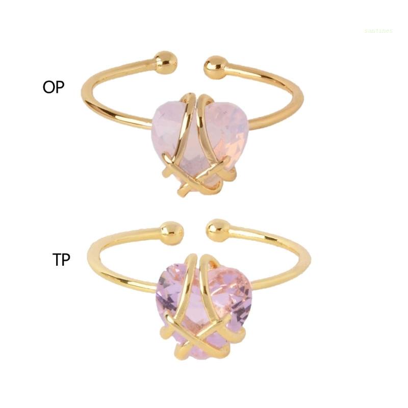 Nhẫn Mở Đính Đá Opal Hồng Hình Trái Tim