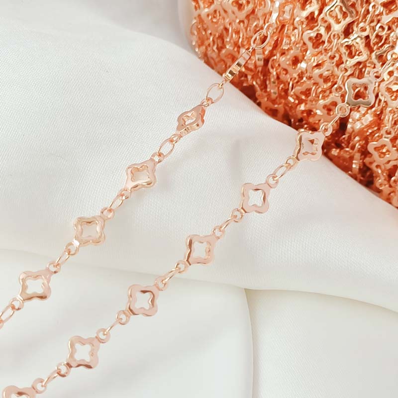 Dây Chuyền Đồng Nguyên Chất 50cm Màu Vàng Hồng Hình Cỏ Bốn Lá Phong Cách Hàn Quốc