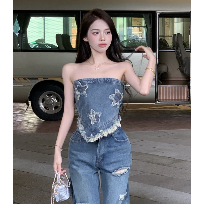 Áo Ống Vải Denim Dáng Ôm Phối Tua Rua Hình Ngôi Sao Sang Trọng Cho Nữ