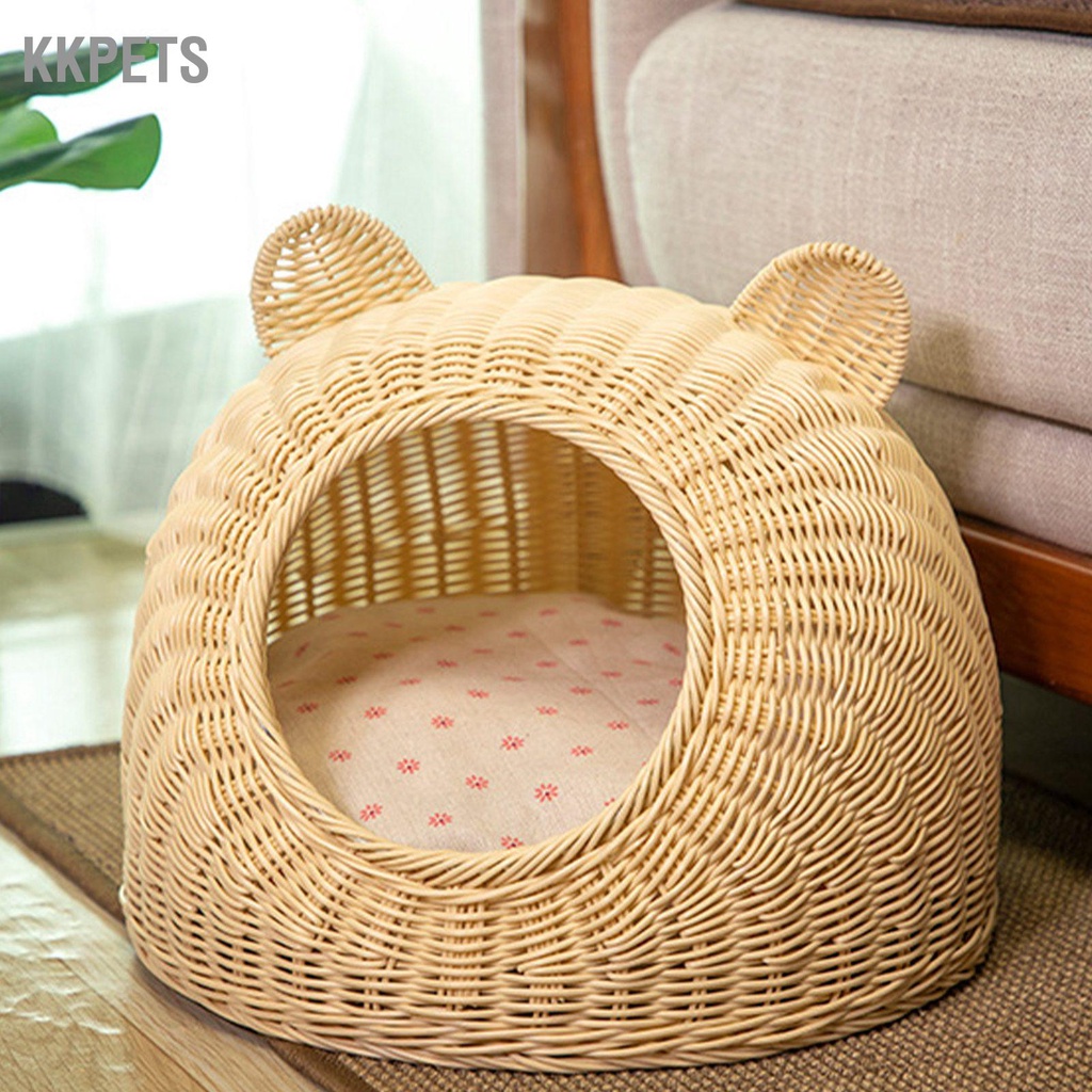 KKPETS Giường cho mèo Tai dễ thương Mây bắt chước Dệt tay thoáng khí Tất cả các mùa Có thể giặt Nhà bán kín trong nhà