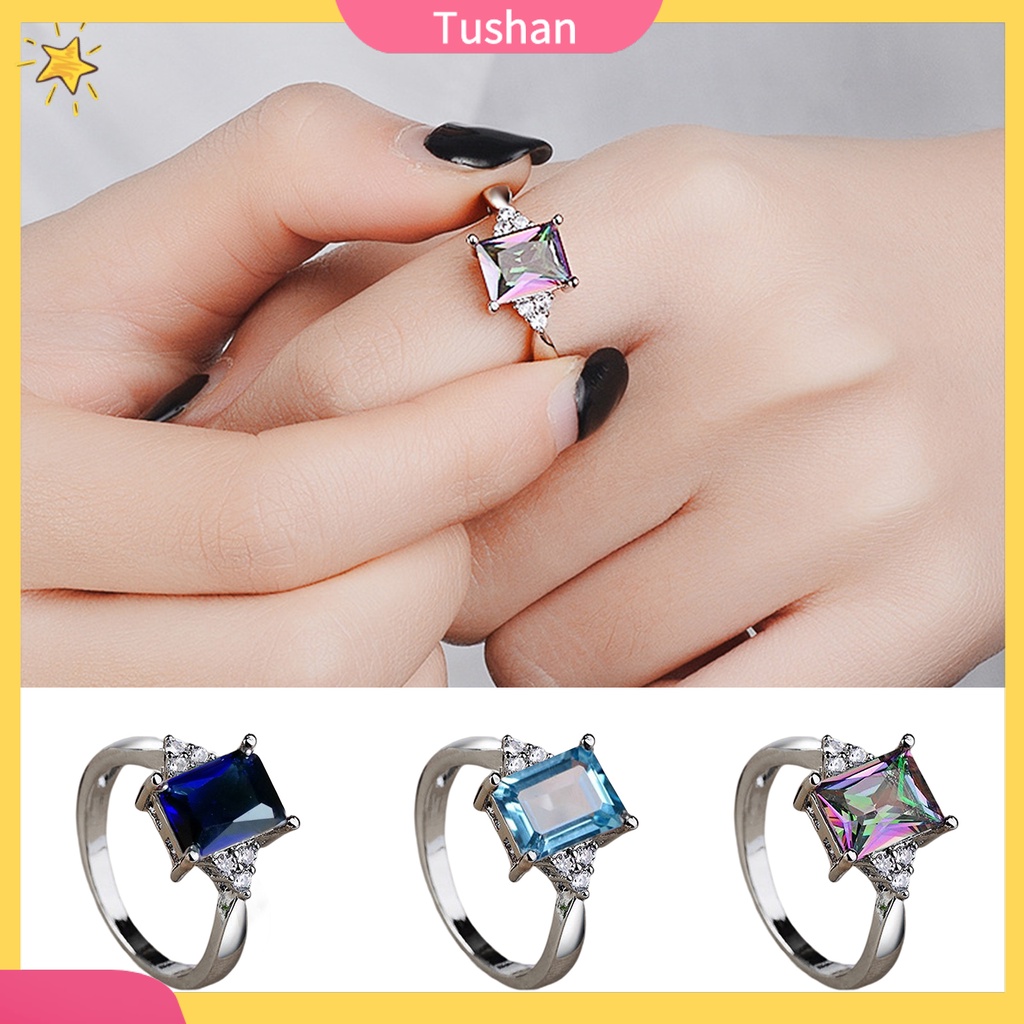 Nhẫn Cưới Mạ Bạc Đính Đá Topaz Hình Vuông Lấp Lánh Thời Trang