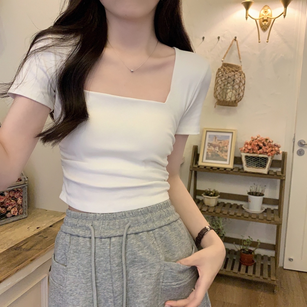 Áo Thun Nữ Ngắn Tay Cổ Vuông Thiết Kế Gấp Nếp Phong Cách Hàn Quốc