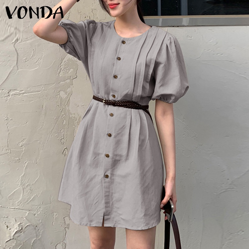 Đầm chữ A VONDA tay ngắn phồng cổ tròn phong cách Hàn Quốc thời trang cho nữ