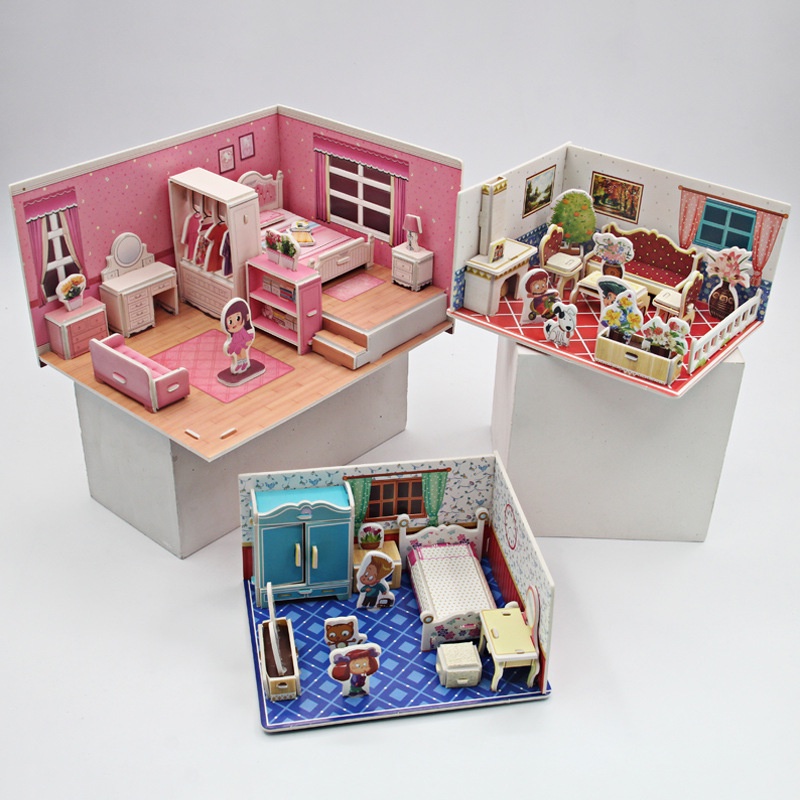 Bộ Đồ Chơi Xếp Hình Ngôi Nhà 3 Trong 1 Bằng Giấy Ba Chiều Dành Cho Bé Gái