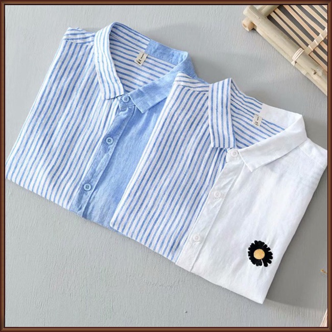 Áo Sơ Mi Cotton Lanh Ngắn Tay Dáng Rộng Thêu Hoa Cúc Thời Trang Mùa Hè Cho Nam