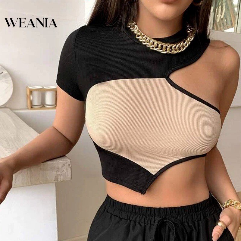 Weania Áo Thun Crop Top Khoét Vai Màu Khối Lạnh Cho Nữ