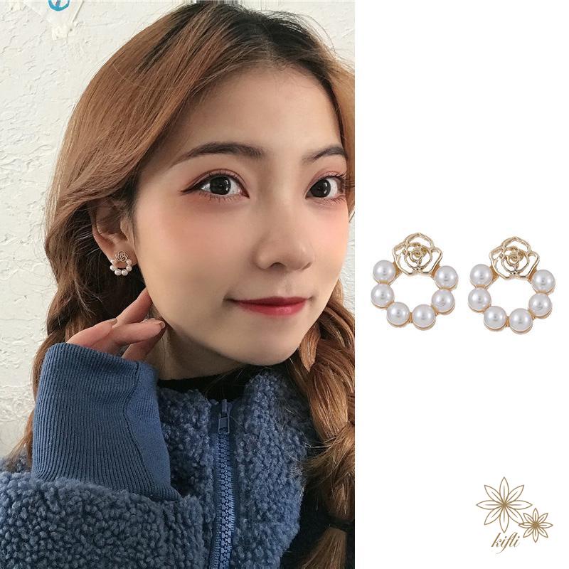Bông tai khuyên tai bạc nữ đính ngọc trai thời trang Hàn Quốc Pha lê Nơ hồng Hoa tai hình cho phụ nữ Quà tặng phụ kiện trang sức