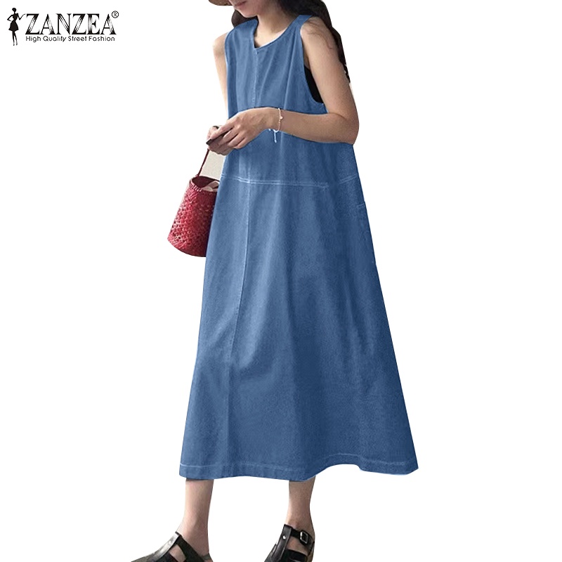 Đầm denim ZANZEA không tay thời trang đường phố cá tính cho nữ