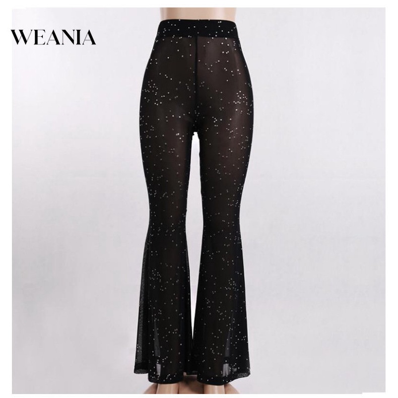 Quần Dài Ống Loe Phối Lưới Xuyên Thấu Đính Đá Lấp Lánh Gợi Cảm Cho Bạn Gái