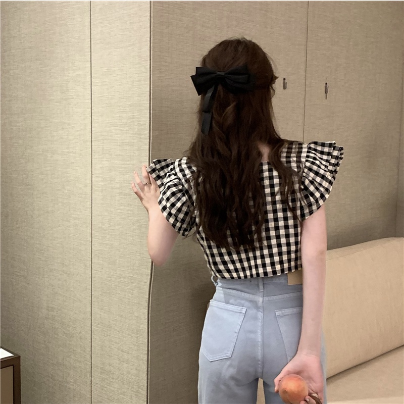 Áo sơ mi SUXI tay dài ống loe họa tiết sọc caro phong cách cổ điển thời trang cho nữ