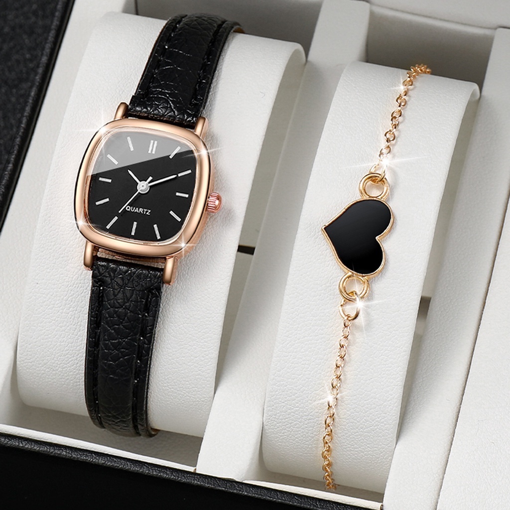 Đồng Hồ Mặt Vuông Nhỏ Dây Da Kèm Vòng Đeo Tay Thời Trang Cho Nữ