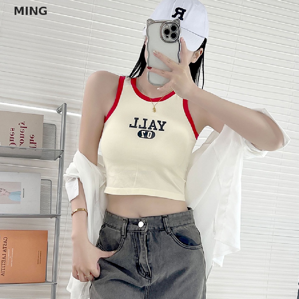 Áo Hai Dây Cổ Tròn In Chữ Màu Sắc Tương Phản Thời Trang Mùa Hè Cho Nữ