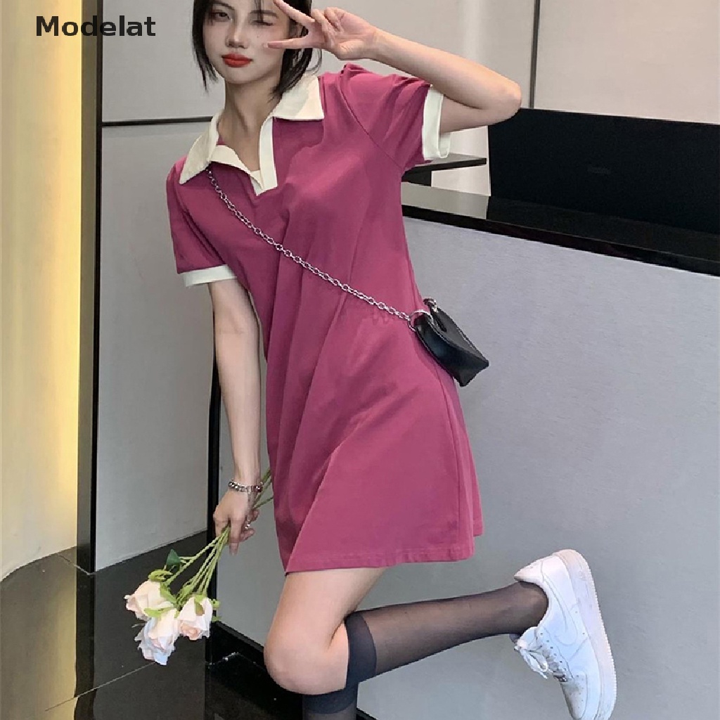 Mfc Đầm Mini Tay Ngắn Cổ Bẻ Màu Tương Phản Thời Trang Dành Cho Nữ