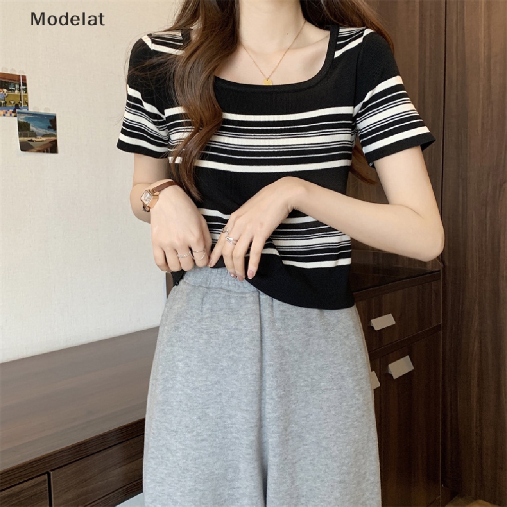 Áo Croptop Dệt Kim Tay Ngắn Cổ Vuông Dáng Ôm In Họa Tiết Kẻ Sọc Thời Trang Mùa Hè Cho Nữ