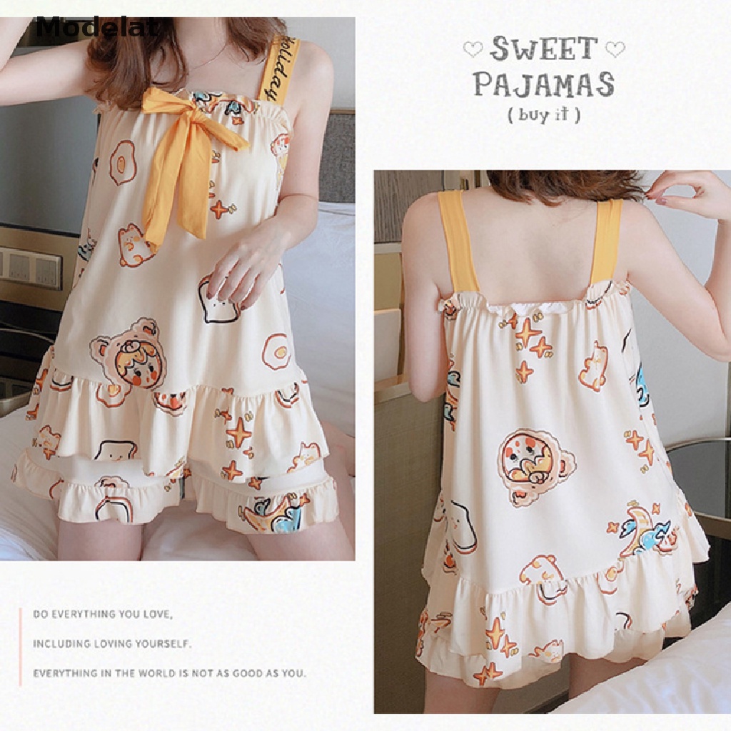 Bộ Đồ Ngủ Áo Hai Dây + Quần Short In Họa Tiết Dễ Thương Thời Trang Mùa Hè Cho Bạn Gái