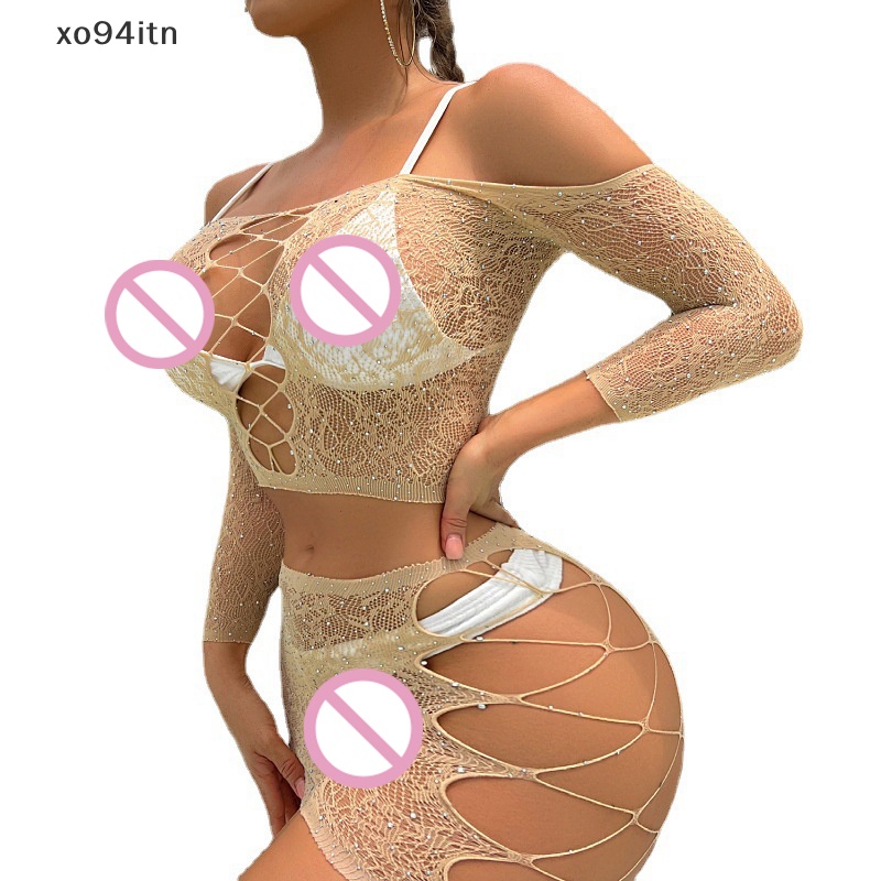 Tn Vớ Lưới Babydoll Xuyên Thấu Đính Kim Cương Pha Lê Quyến Rũ Gợi Cảm Cho Nữ