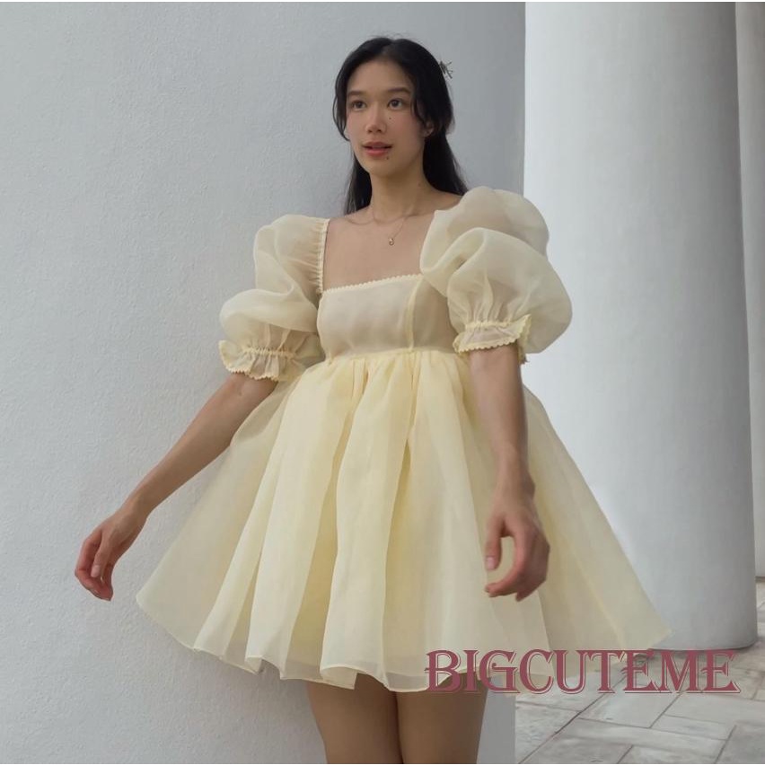 [] - Đầm Ngắn Một Mảnh Tay Phồng Cổ Vuông Màu Trơn Mùa Hè Màu Hồng / Tím / Vàng Cho Nữ