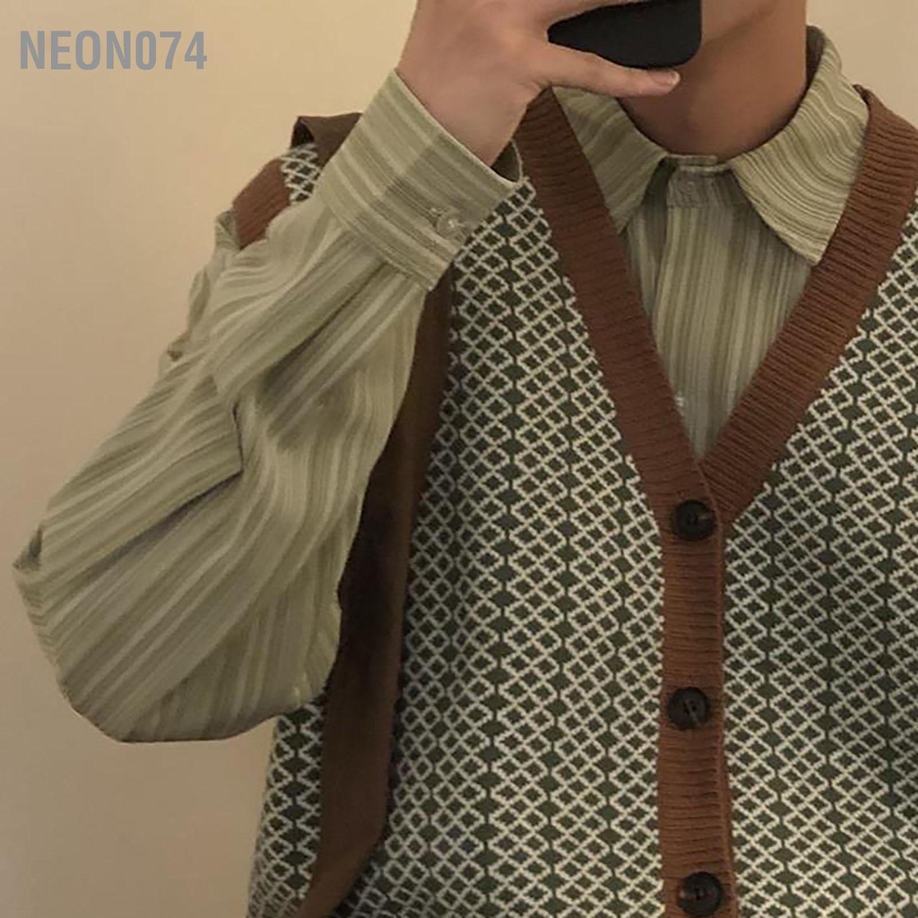 Neon074 Áo Len Không Tay Nam Vest Cổ V Dáng Rộng Vintage Dệt Kim Cardigan Thời Trang Phong Cách Thường Ngày