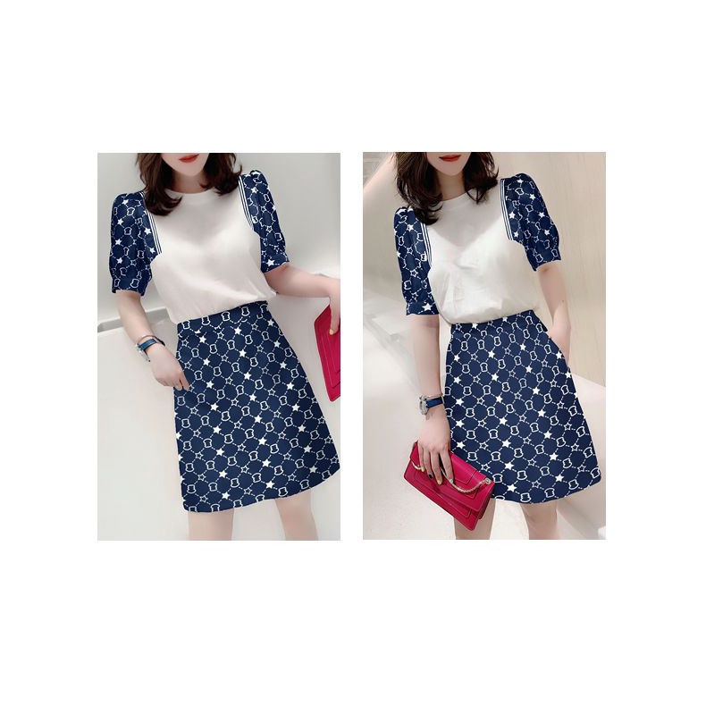 Set Áo Thun Ngắn Tay Và Chân Váy Chữ A Màu Xanh Đậm Phong Cách Châu Âu Thời Trang Mùa Hè Mới Cho Nữ