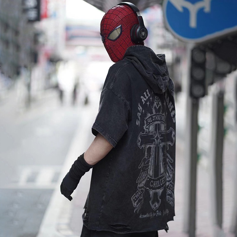 Áo Thun Đen Tay Ngắn Có Mũ Trùm Đầu In Hoạ Tiết Chữ Thập Phong Cách Thời Trang Âu Mỹ Cho Nam Giới