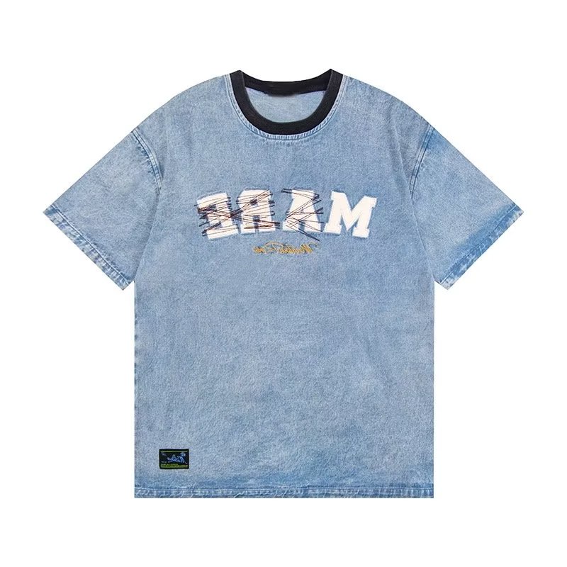 Áo Thun Denim Tay Ngắn Dáng Rộng Thêu Họa Tiết