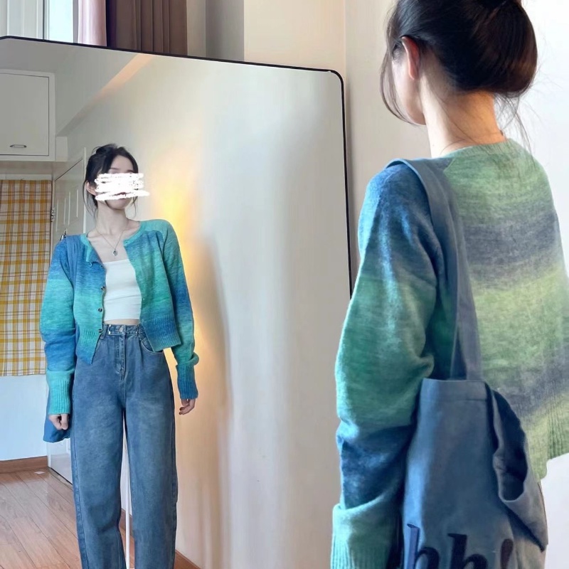 Áo Dệt Kim Tay Dài Nhuộm Màu Độc Đáo Dáng Ngắn Trẻ Trung Hợp Thời Trang Cho Bạn Gái