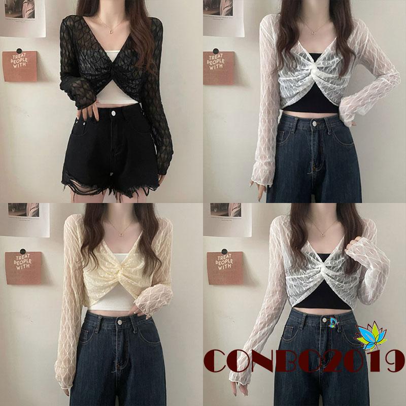Áo Crop Top Lưới Tay Dài Cổ Chữ V Xoắn Phía Trước Cho Nữ