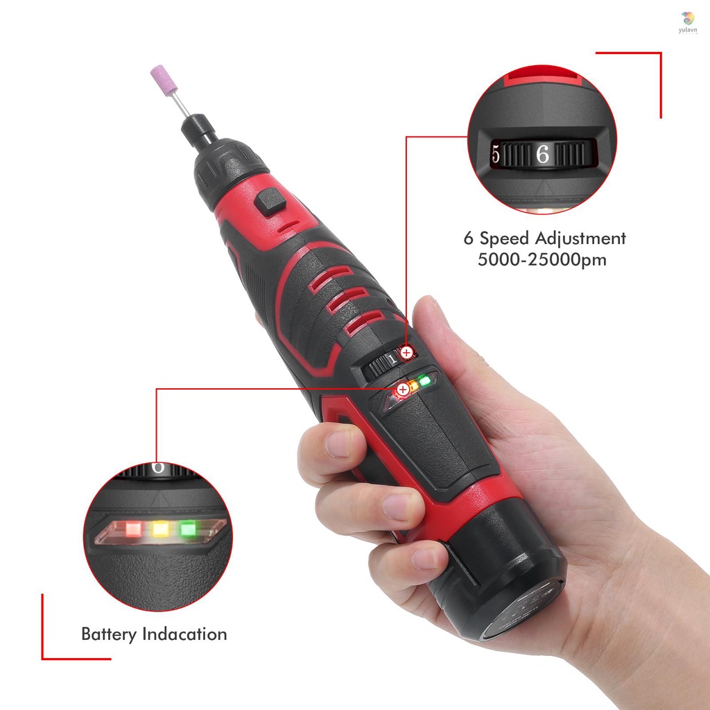 Máy Mài Điện Xoay 12V Không Dây Với 6 Tốc Độ Biến Dạng 5000-25000RPM 2.0Ah 74