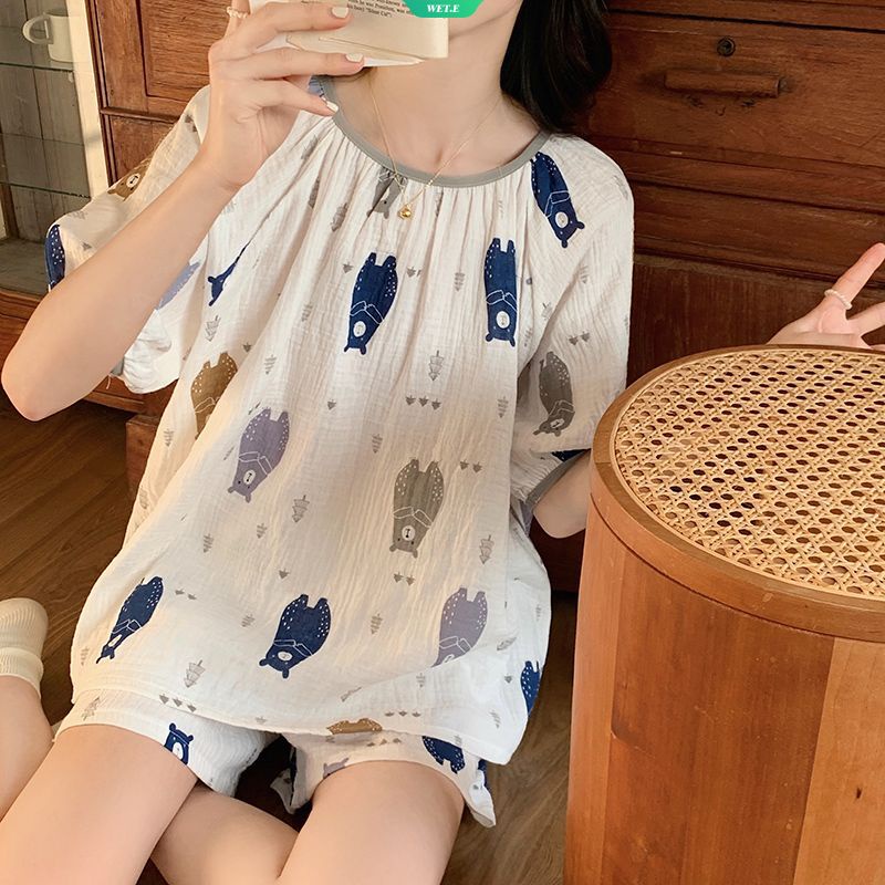 Bộ Đồ Ngủ Tay Ngắn Cổ Tròn In Hình Gấu Dễ Thương Thời Trang Mùa Hè 2023 Phong Cách Nhật Bản Cho Nữ