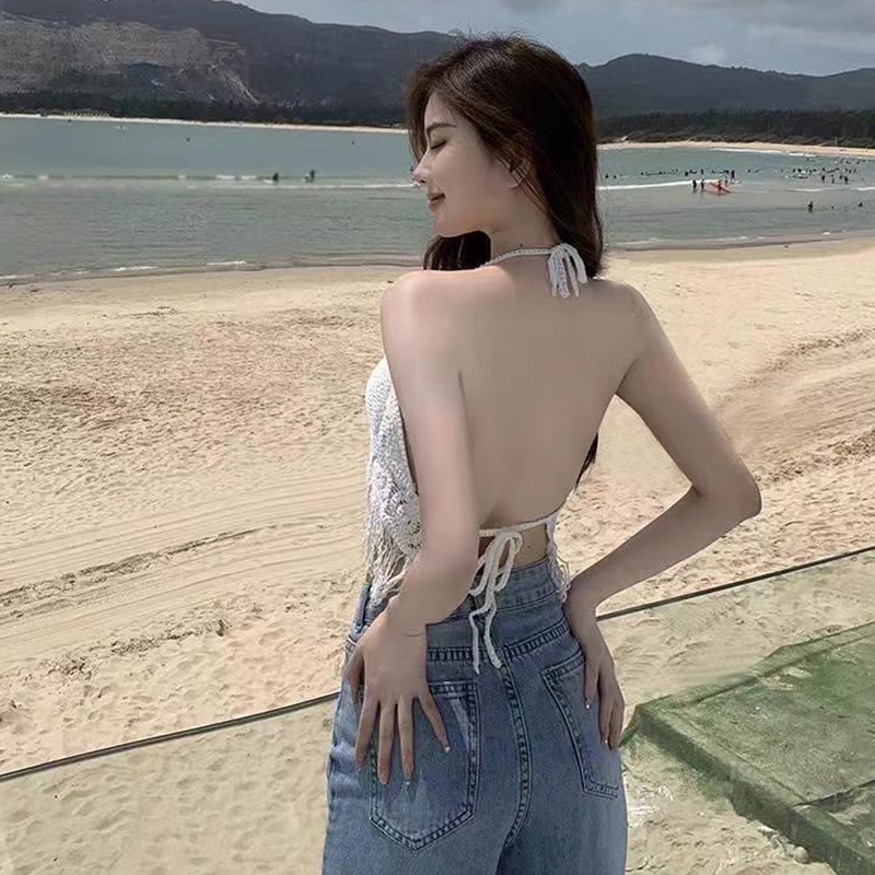 Áo Kiểu Không Tay Hở Lưng Phối Tua Rua Phong Cách Thời Trang Hàn Quốc