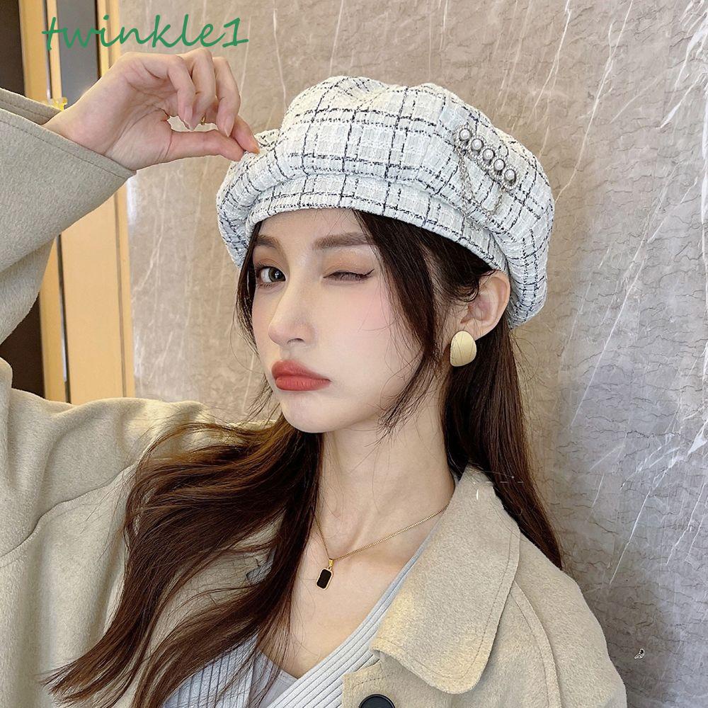 Mũ Beret Họa Tiết Sọc Caro Phối Dây Xích Thời Trang Thu Đông Cho Nữ