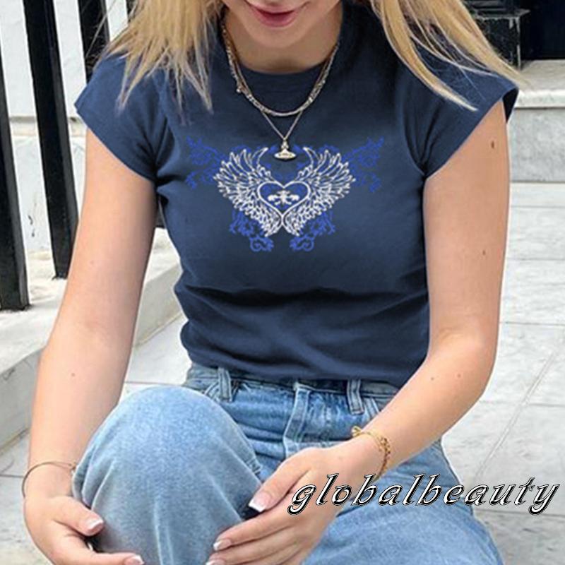 Áo Thun Tay Ngắn Cổ Tròn In Hình Cánh Thiên Thần Và Trái Tim Thời Trang Mùa Hè Cho Nữ