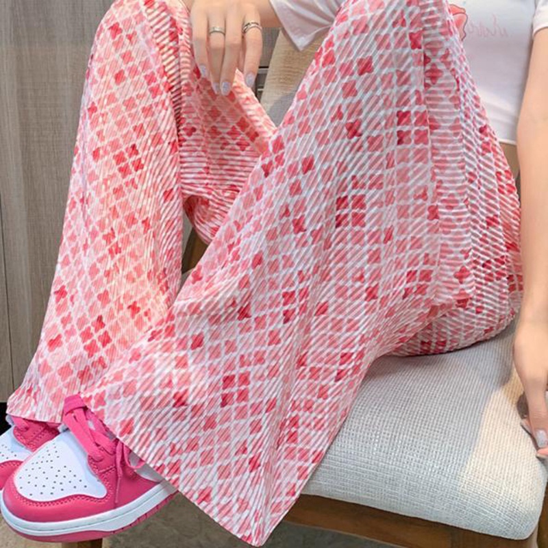 IELGY  Quần Ống Rộng Thẳng Xếp Ly Lưng Cao In Hoa Màu Hồng Dễ Phối Đồ Cho Nữ