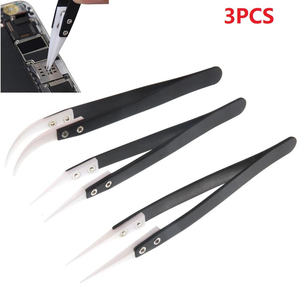 【VARSTR】Stainless Steel Ceramic Tweezers Heat Resistant Non Conductive Ceramic Tip 3x