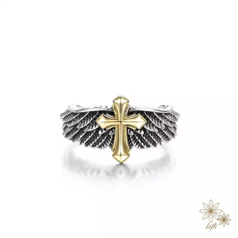 Nhẫn Hở In Chữ Thập Và Đôi Cánh Graffiti Cá Tính Phong Cách Vintage Cho Nam