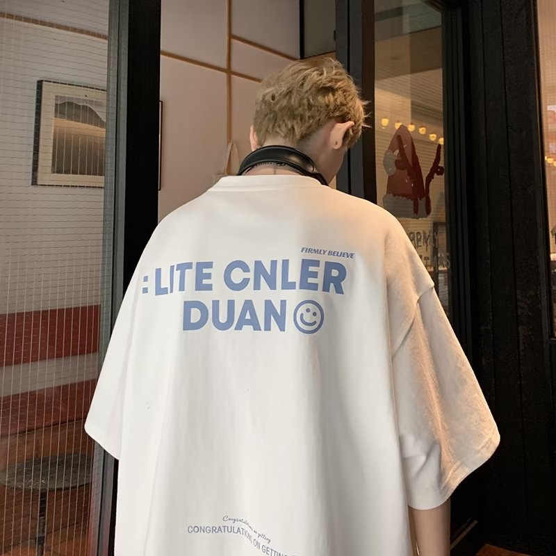 Áo Thun Ngắn Tay Dáng Rộng In Chữ Và Mặt Cười Hoạt Hình Thời Trang Mùa Hè Cho Nam Cỡ M-5XL