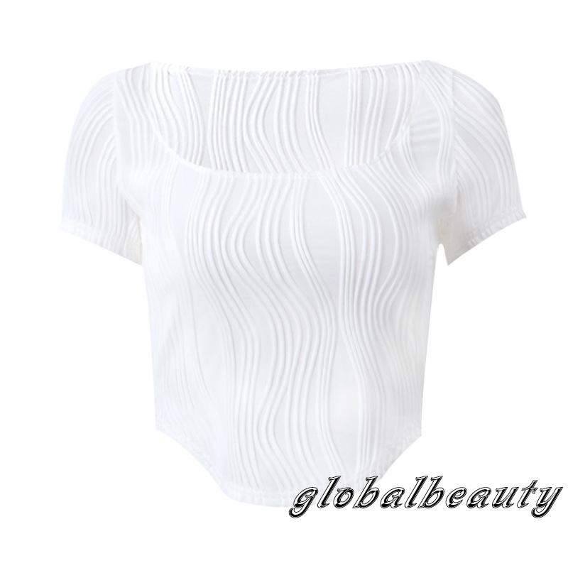 Áo Thun Crop Top Tay Ngắn Cổ Chữ U Họa Tiết Kẻ Sọc Thiết Kế Độc Đáo Thời Trang Mùa Hè Cho Nữ