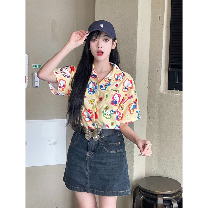 NZN Áo Sơ Mi Tay Ngắn Dáng Rộng In Họa Tiết Hoạt Hình Thời Trang Mùa Hè Cho Nữ
