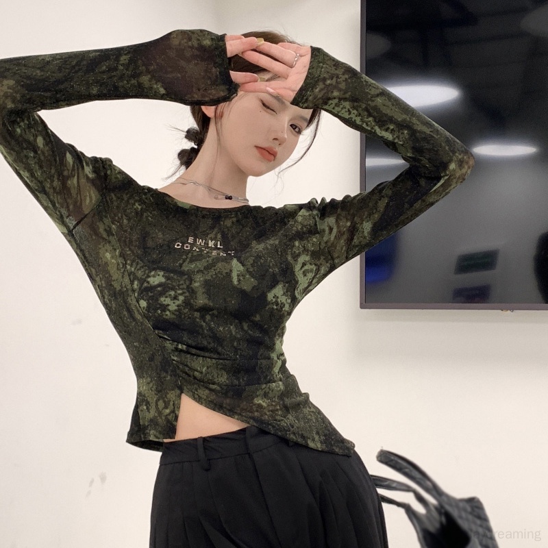 Áo Thun Croptop Tay Dài Chống Nắng Dáng Ôm Màu Nhuộm Phong Cách Hàn Quốc Thời Trang Cho Nữ
