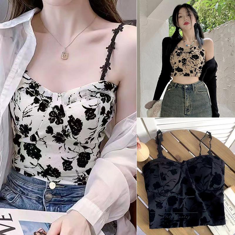 Áo Croptop Hai Dây In Họa Tiết Hoa Có Miếng Đệm Ngực CY03 Cho Nữ