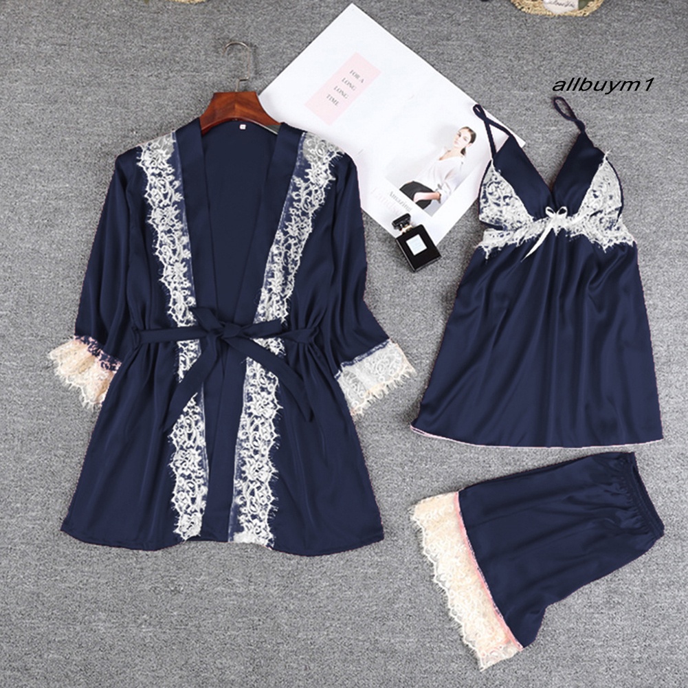 Bộ Đồ Ngủ Bằng Lụa Satin Viền Ren Gợi Cảm Cho Nữ