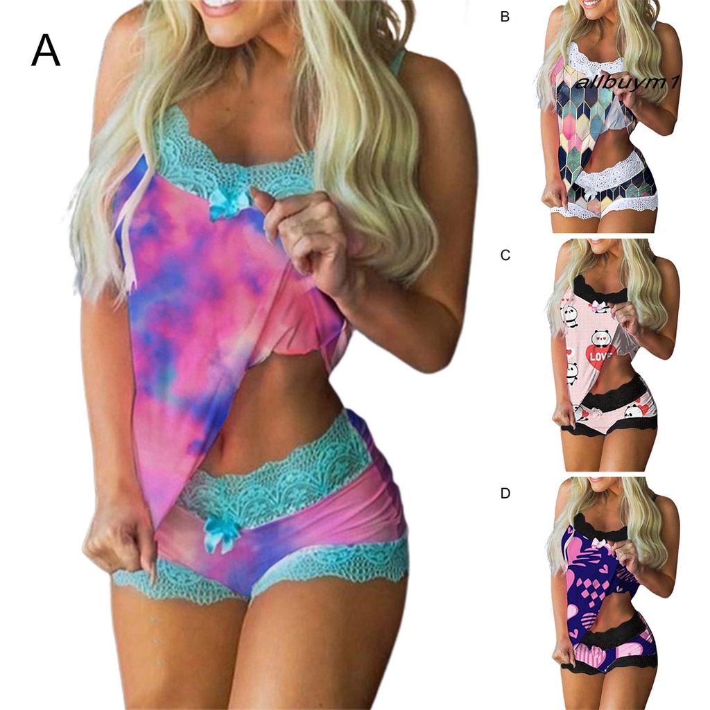 1 Bộ Đồ Ngủ Áo Hai Dây Phối Ren Và Quần Short In Họa Tiết Kỹ Thuật Số Đính Nơ Thời Trang Mùa Hè Cho Nữ