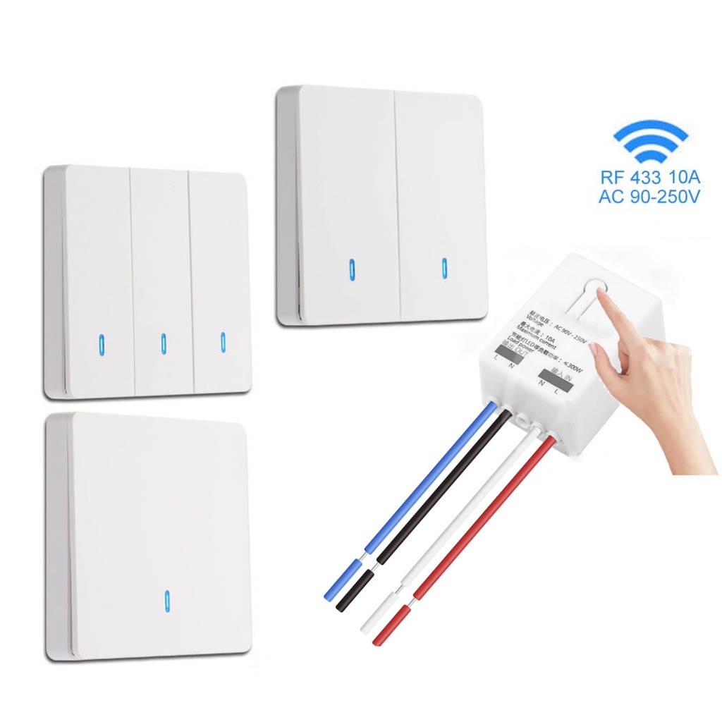 Bộ công tắc điều khiển từ xa không dây mini dán tường 10A 2200w 90-220V khoảng cách 30 MÉT RF 433Mhz xuyên tường