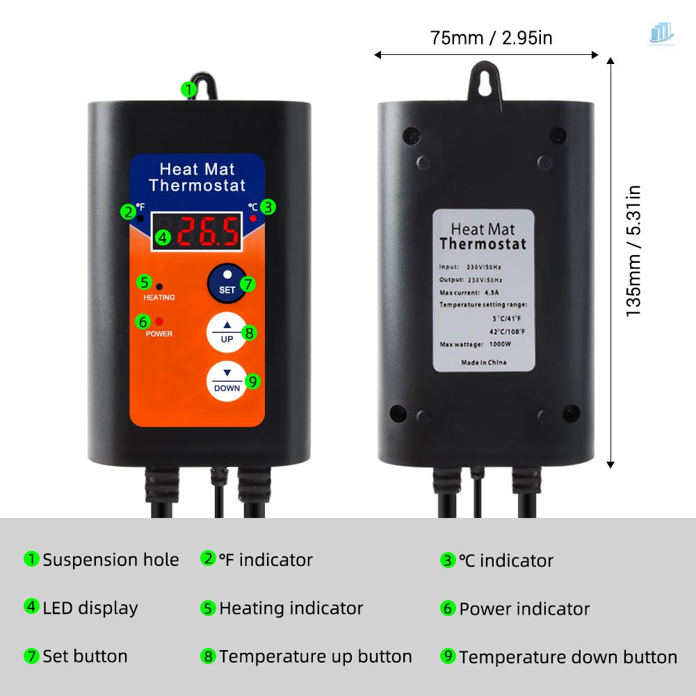 Thảm Nhiệt Điện Tử Thông Minh 1000W 230V 41-108°F Bộ Điều Khiển Nhiệt Độ Thực Vật Có Màn Hình LED Hiển Thị