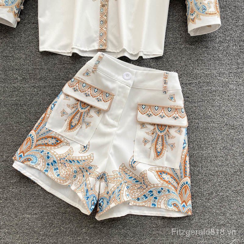 Set Áo Sơ Mi Và Quần Short Ống Rộng In Họa Tiết Phong Cách Phương Tây Thời Trang Mùa Xuân Mới Cho Nữ