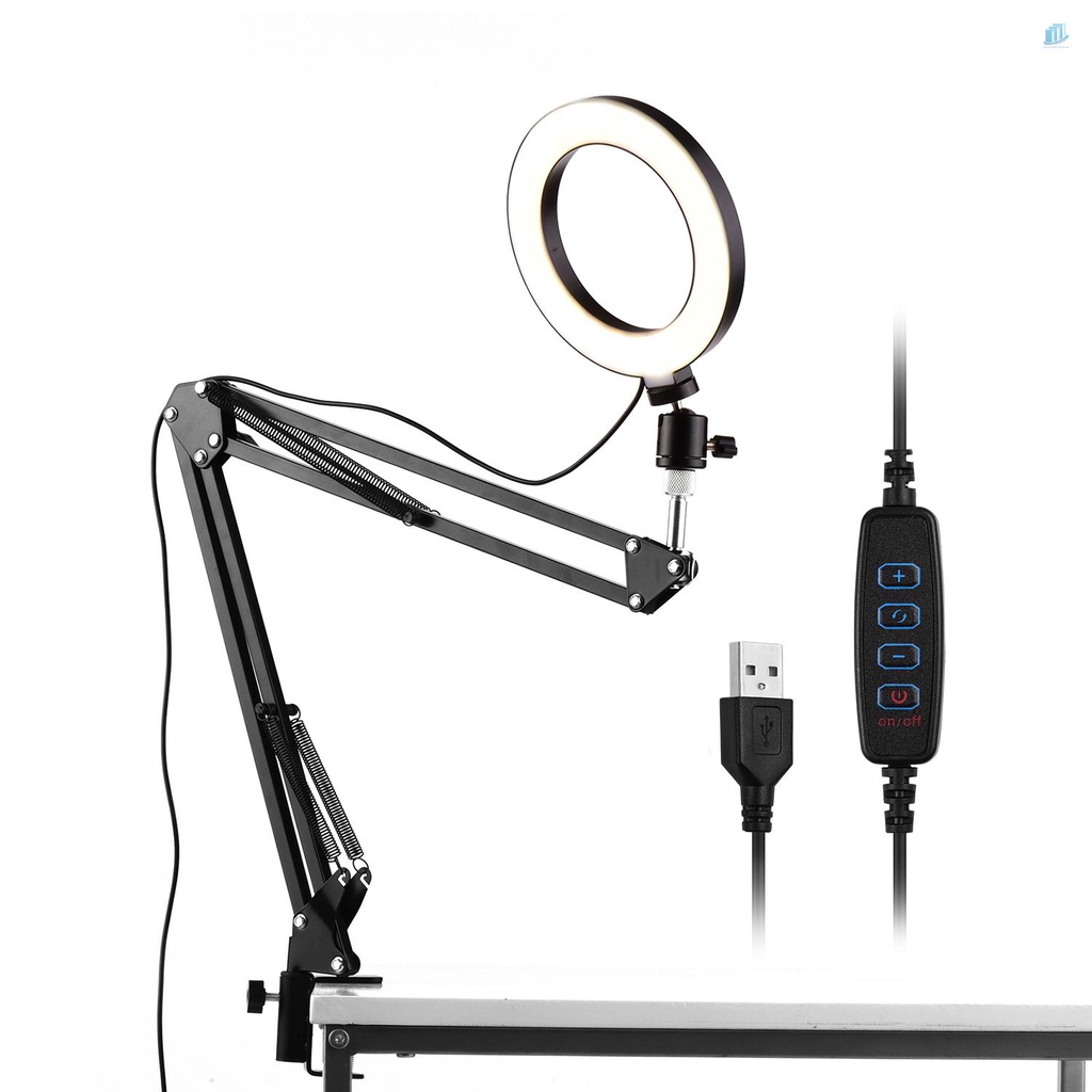 Vòng Đèn LED Mini 6 Inch 3 Chế Độ Điều Chỉnh Được Kèm Kẹp Linh Hoạt Với Bộ Chuyển Đổi Đầu Bi Cố Định Video Trực Tiếp