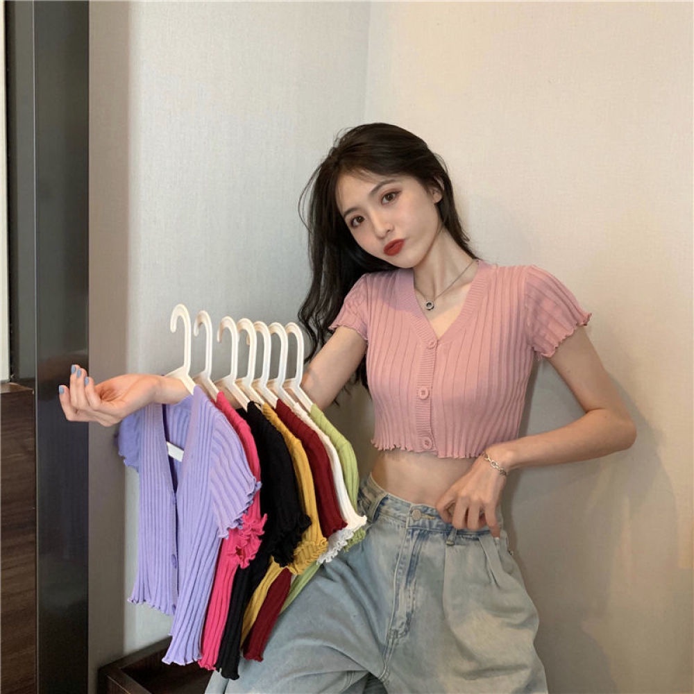 Áo Cardigan Ngắn Tay Cổ Chữ V Dáng Ôm Phong Cách Hàn Quốc Thời Trang Mùa Hè Hàng Mới 2023 Dành Cho Bạn Nữ