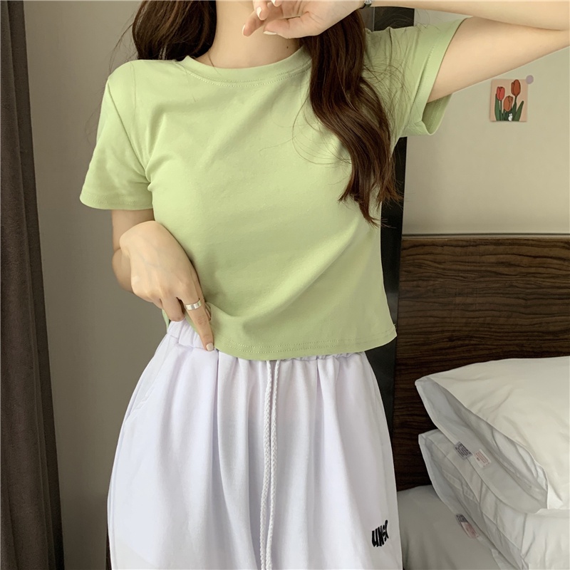 NZN Áo Thun crop top Tay Ngắn Màu Trơn Cổ Tròn Thời Trang Cho Nữ