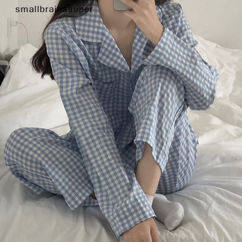 Bộ Đồ Ngủ Pijama Dài Tay Họa Tiết Caro Ngọt Ngào Thời Trang Cho Nữ